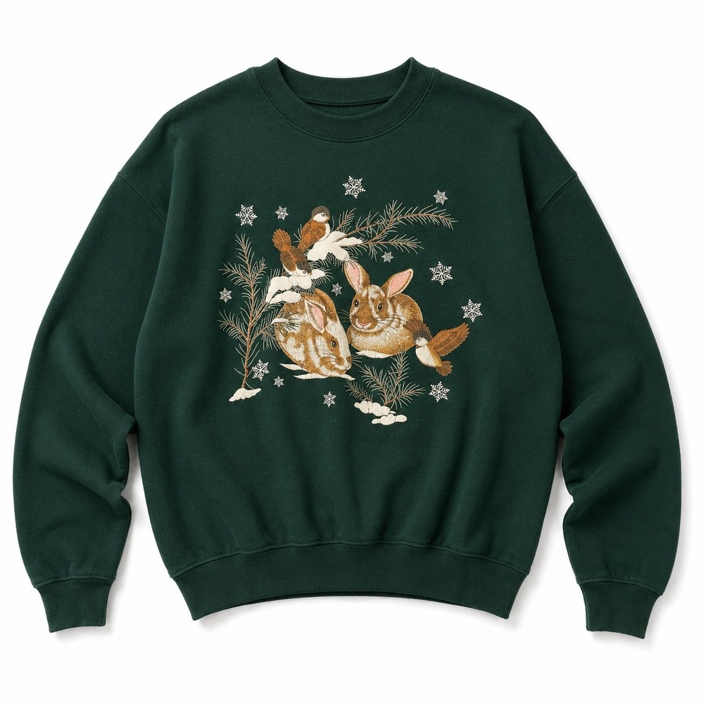 Vtg 90s Forest Green Rabbit Bunny Bird Winter Graphic Crewneck Cozy Grannycore